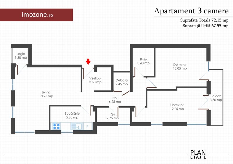 Apartament 3 cam., 2 bai, 2 balc., bloc nou, finisat la cheie, centrala termica